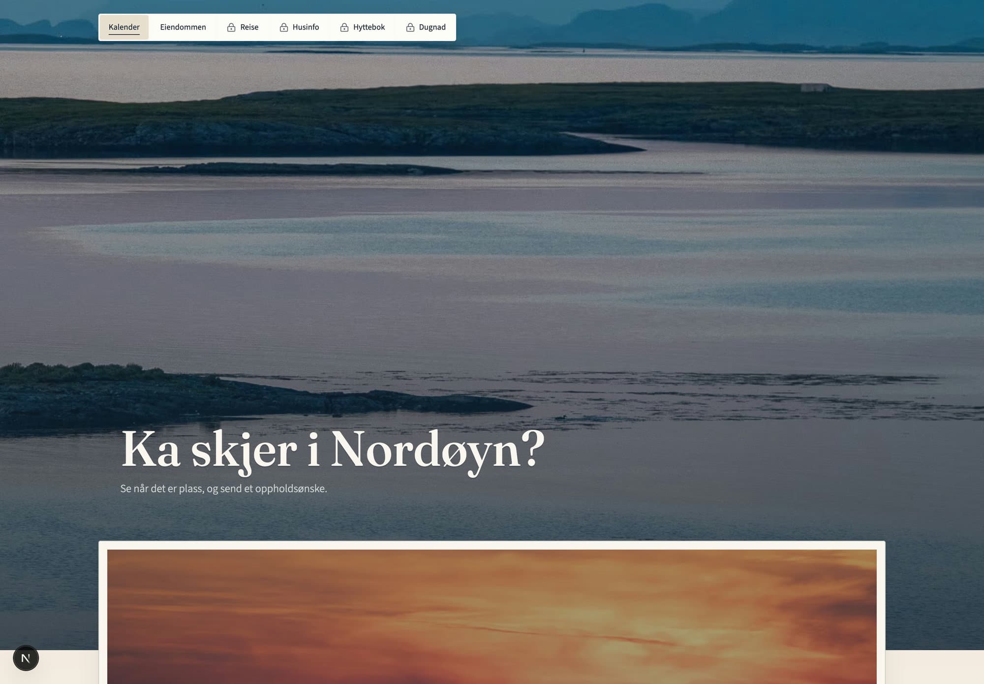 Nordøy-nettsiden med bilde fra øya, kalender og navigasjon